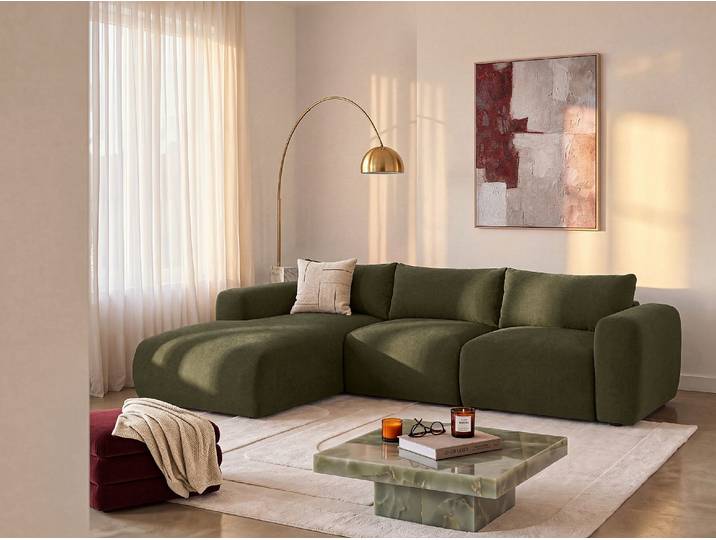 Ecksofa links aus Stoff in Khaki POLIRIA