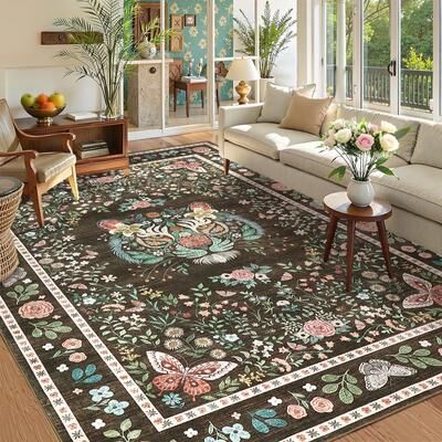 Garvee Tiger Head Floral Washable Low Pile Non-Slip Area Rug