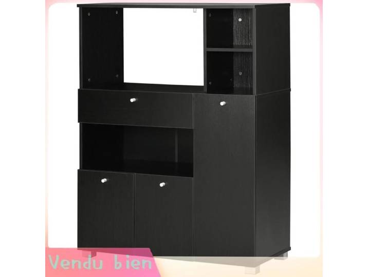LIA Meuble micro-onde 2 placards 4 niches tiroir coulissant bois noir 90x40x120cm