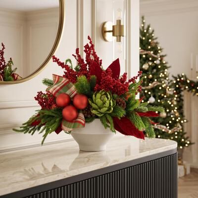 Creative Labs Holiday Arrangement with Artichokes and Ornaments in Ceramic Pot
