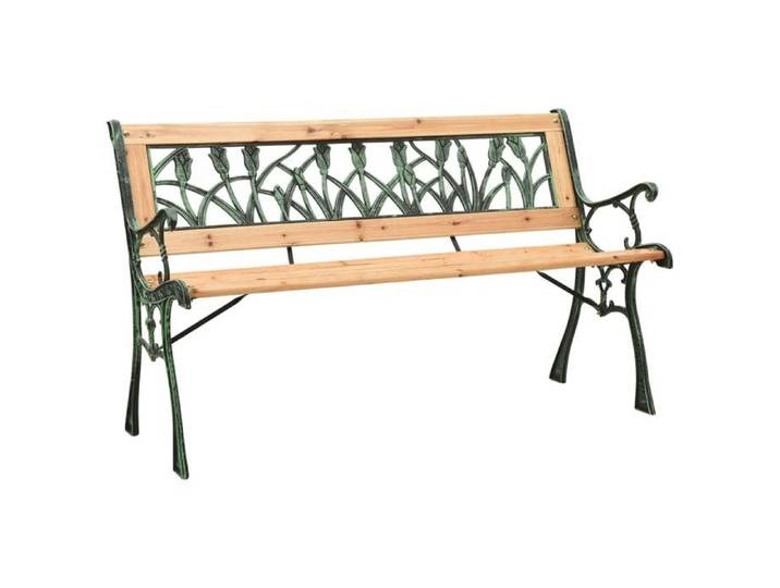 Banc de jardin en bois et fonte - JILL - 122x54x73 cm - Bois de sapin massif - Pieds en fonte - Dossier motif tulipe