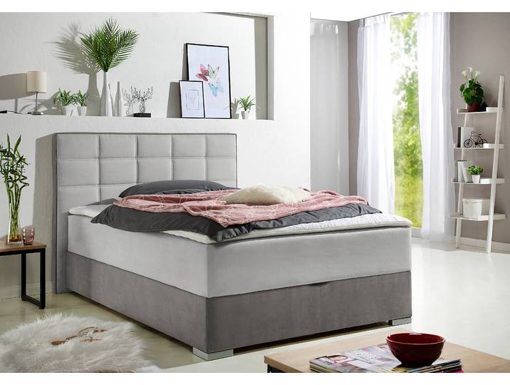 Boxspringbett MAINTAL, grau (hellgrau), L:210cm, Bezug Microfaser aus 100% Polyester, Komplettbetten, Boxspringbett, mit Bettkasten und Topper