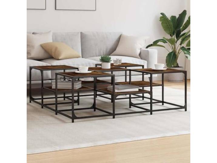 HEFZGDB Couchtisch Räuchereiche 121x121x40 cm Holzwerkstoff mit Metallrahmen und verstellbaren Beinen, stabile Tischplatte in 2 Höhen, Beistelltisch für Wohnzimmer, Möbel
