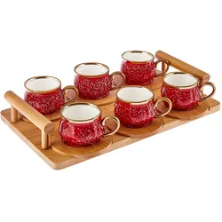 Karaca Bambus Rot Kaffeetassen-Set 90 ml, 6 Personen, mit Tablett
