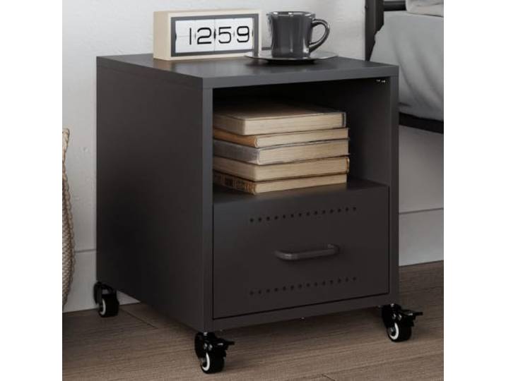 HEFZGDB Nachttisch Schwarz 36x39x43,5 cm Stahl Gestell mit 4 Rollen und Griff, Stauraum für Zeitschriften Bücher, Kaltgewalzter Stahl, Pflegeleicht und Stabil, Beistelltisch
