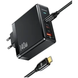 Usams US-UM Fast Charger Kit--UM Series (US-CC168 EU T52 140W ACC GaN Fast Charger+US-SJ581 U82 Type-C To (140 W, 3 Ports), USB Ladegerät, Schwarz