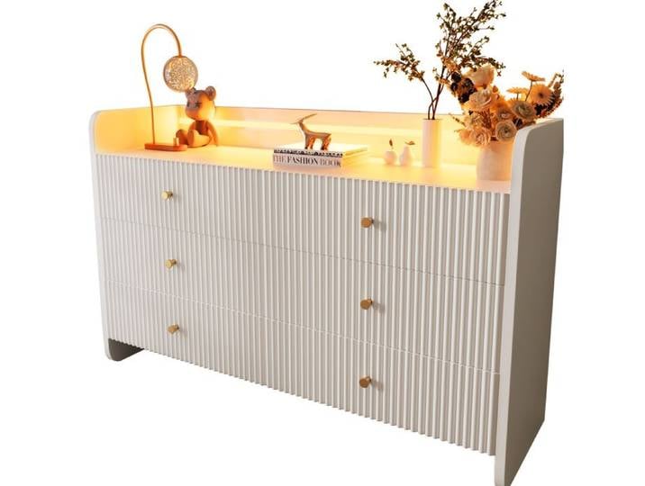 Buffet bas blanc LED – 6 tiroirs rainurés – 120 x 40 x 75 cm