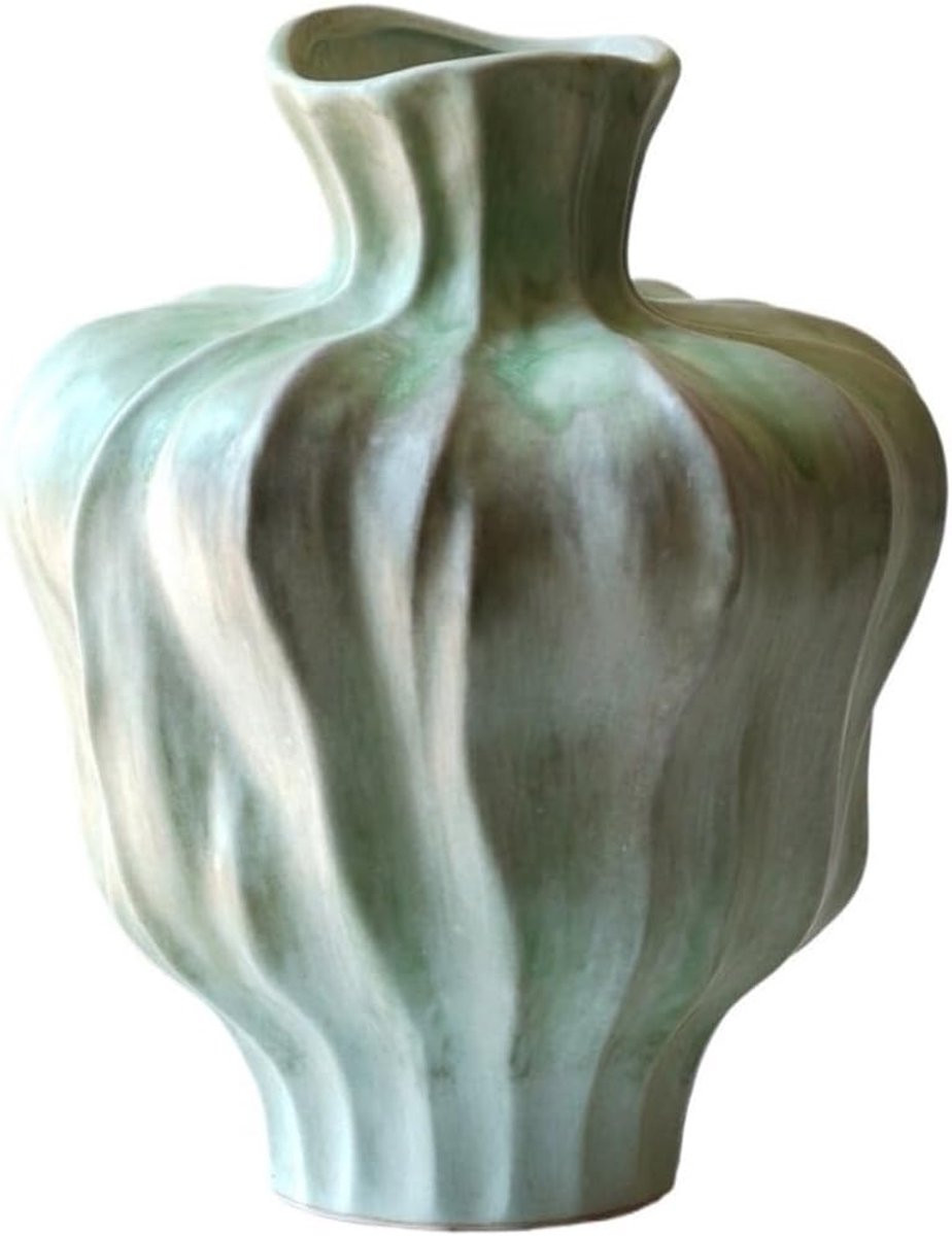 Groene Keramische Vaas - Artistieke Bloemenhouder - Hoogte: 31,5 cm