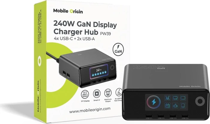 Mobile Origin 240W GaN Display Charger Hub PW39 - 4x USB-C + 2x USB-A
