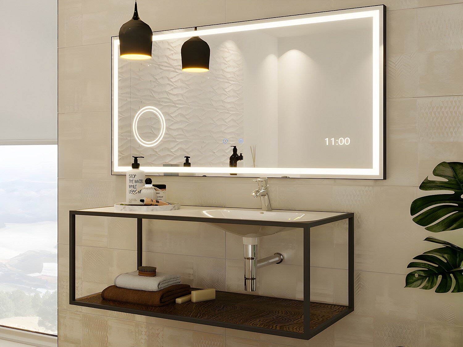 Unique Espejo de baño rectangular luminoso con reloj digital - Negro - 120 x 60 cm - AITANA