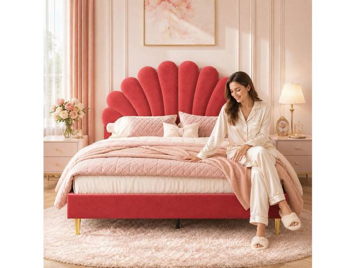 Simurq Polsterbett Kinderbett 140x200 für Mädchen,Bettgestell mit Lattenrost,Samtstoff (Versand in 2 Paketen, Mädchen Bett für kinder/Erwachsenen,Ohne Matratze), Prinzessin Bett, Beige Doppelbett mit Kopfteil in Blumenform