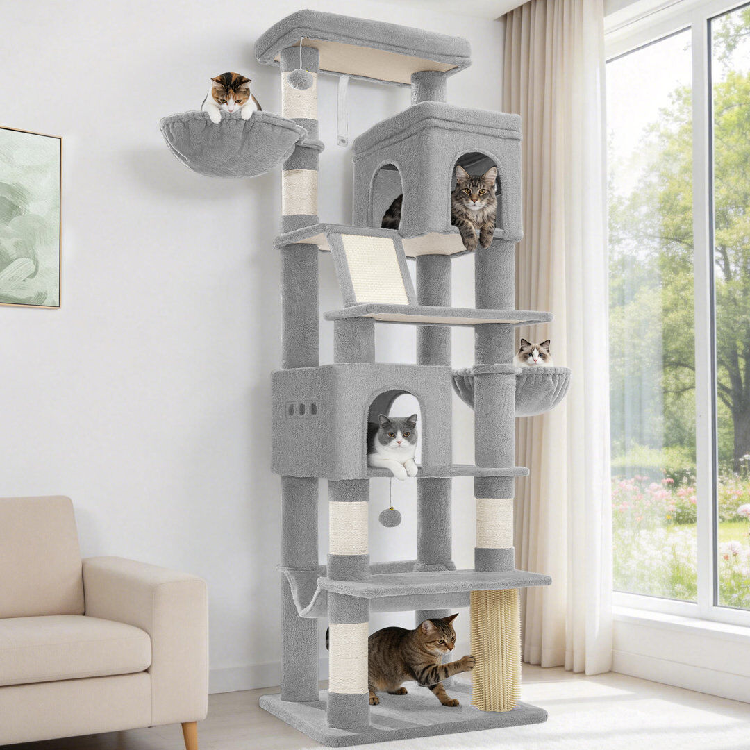 Rebrilliant Large Cat Tree Tower, Cat Tree for Indoor Cats, Climbing Tower for Large Cats, 5 Scratching Post, 2 Large Platform, 2 Caves, 2 Baskets, Stairs, Hammoc Light Grey 60 × 50 ×213 cm