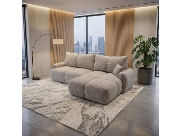Mebligo LOBINO L-förmiges Ecksofa aus Chenille mit Schlaffunktion, Bettkasten und DL-Automat, modernes Schlafsofa fürs Wohnzimmer, Dunkelbeige, Rechts