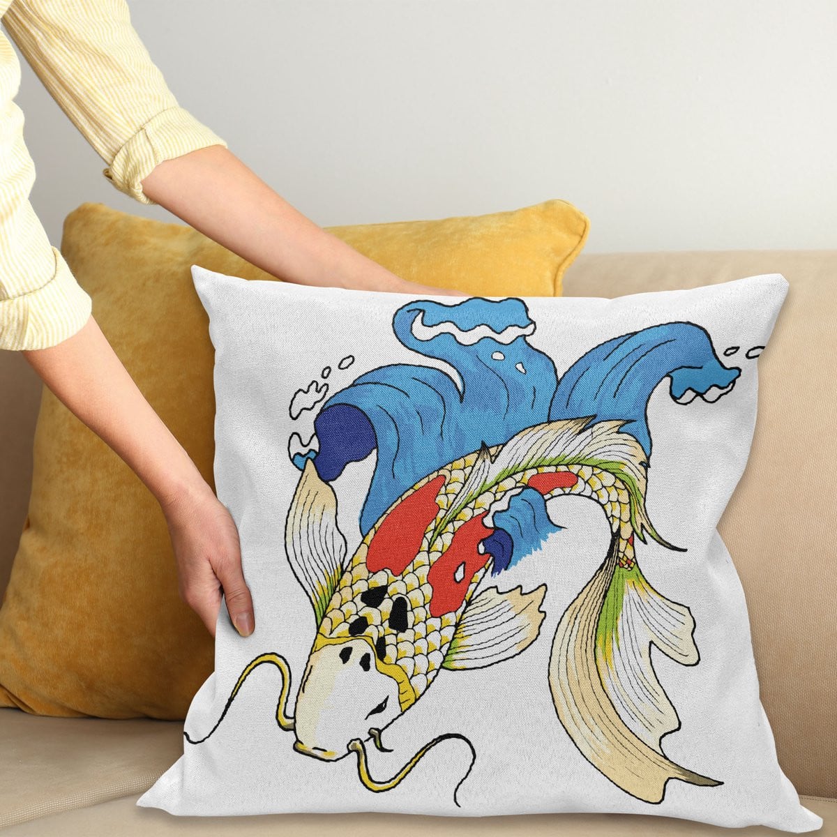 ABAKUHAUS Koi Vis Sierkussenhoes - Blauw - 60 x 60 cm