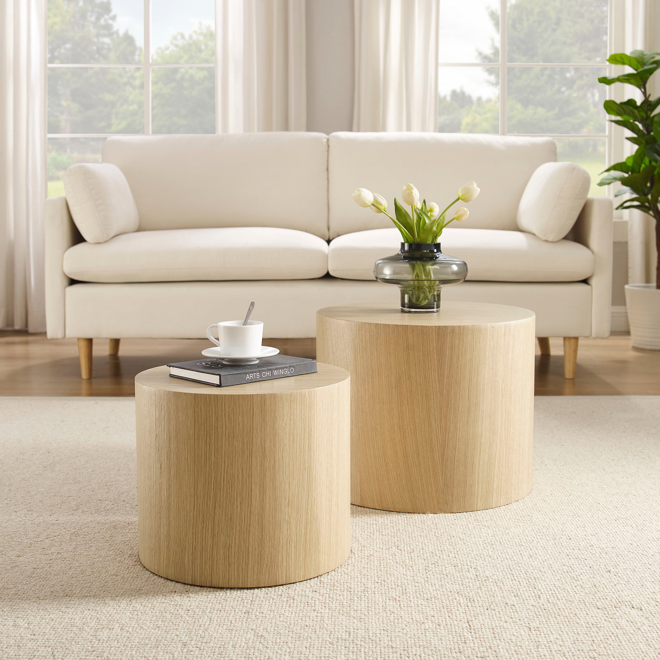 Couchtisch SALESFEVER "Coffeetable im 2er-Set: Stilvoller Mittelpunkt", beige (natur, natur), B:48cm H:38cm T:48cm, MDF mit Eichenholzfurnier, Tische, Couchtisch, mit Holzfurnier natur, natur B/H/T: 48cm x 38cm x 48cm, Eiche