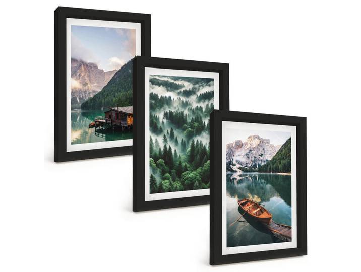 Tulup Bilder SET 3er Set - 20x30 cm Schwarzer Rahmen - Bergsee, Boot, Waldnebel, Kunststoff, Rechteckig, 20x30 cm, gerahmt, Bilder & Rahmen, Bilder