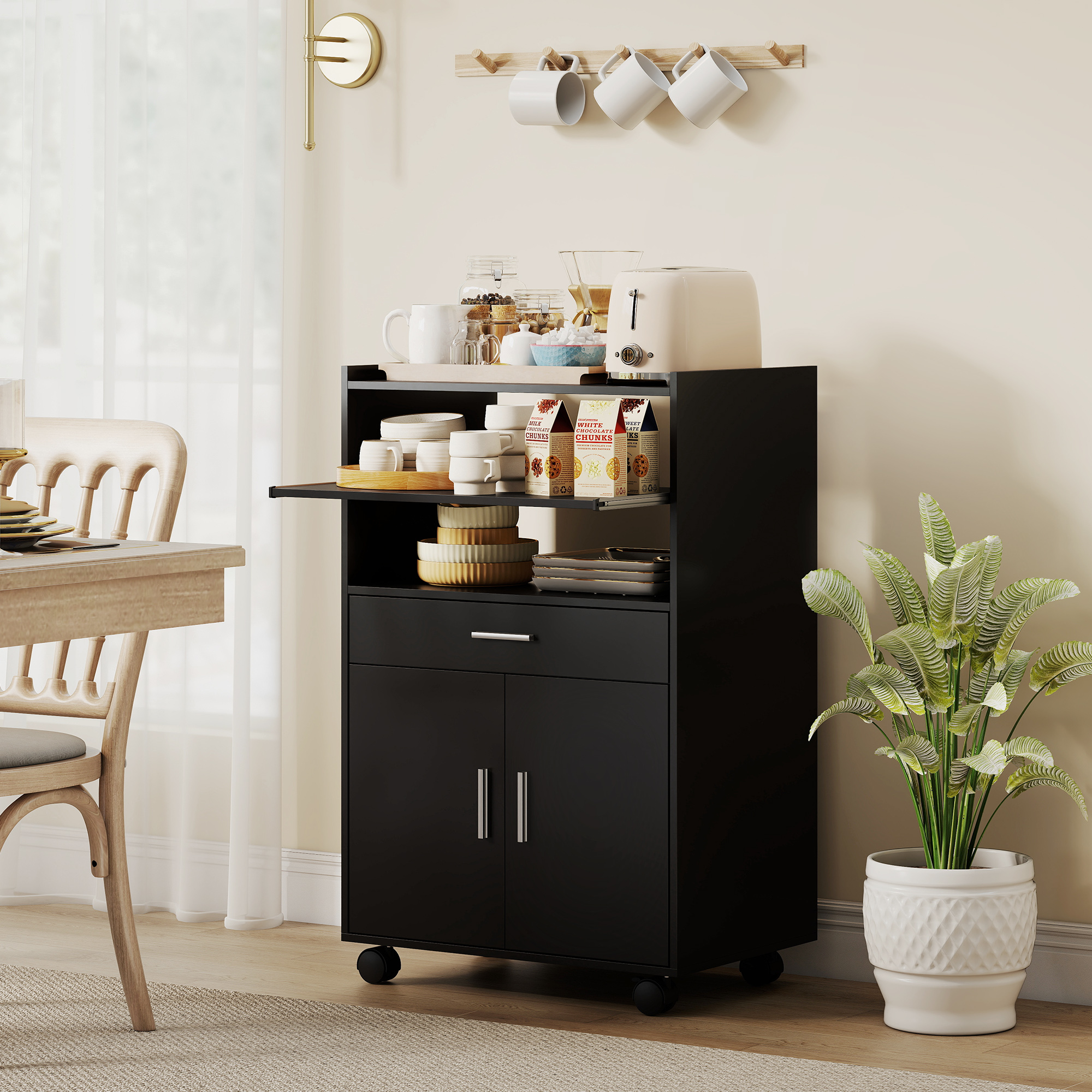 Homcom Mobile Microonde in Legno con Cassetto, Armadietto a 2 Ante e 2 Ripiani, 59x40x92 cm, Nero   Aosom Italy