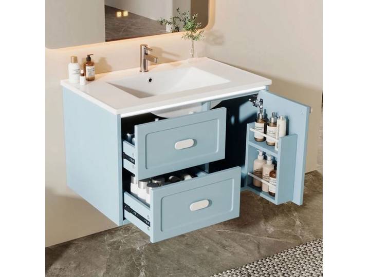 Meuble Salle de Bain Suspendu 76cm Bleu avec Vasque Céramique 2 Tiroirs LED Capteur Meuble Lavabo MDF Norevia
