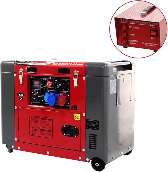 GeoTech Pro DGP8500SE-3 - Leiser Diesel-Stromerzeuger mit Rädern mit AVR-Regelung 6 kW - Dauerleistung 5.5 kW Full-Power + ATS 230V
