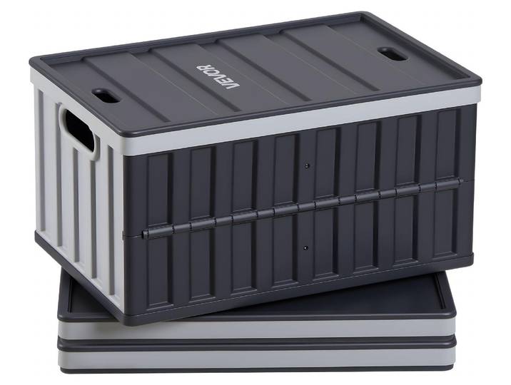 Lot de 3 bacs pliants VEVOR 65 L\, bacs de rangement pliables en plastique\, bacs empilables avec couvercle\, capacité de charge de 38 kg par bac\, bacs pliants\, parfaits pour l'organisation de la maison\, gris et noir
