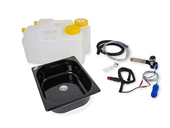 Wasseranlage Imbisswagen Verkaufsanhänger Campingküche 12v Bausatz Spüle dunkel 325x265x100 Barwig Schwarz/chrom Raumsparkanister 12L (ad-ideen)