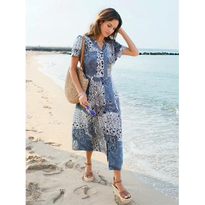 Sommerkleid INSPIRATIONEN "Sommerkleid", Damen, Gr. 22, Kurzgrößen, blau (ecru, bleu, bedruckt), 100% Viskose, bedruckt, gemustert, mehrfarbig, wadenlang, V-Ausschnitt, Kleider Sommerkleid