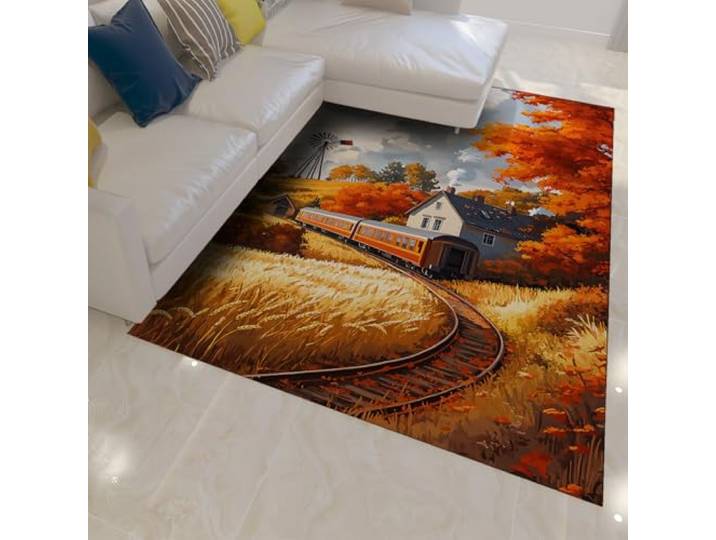 HOBBOY Herbst Landschaft teppiche weizenfeld bauernhaus Eisenbahn gleis Design weicher dünner Teppich für Wohnzimmer Schlafzimmer küche 120 x 160 cm