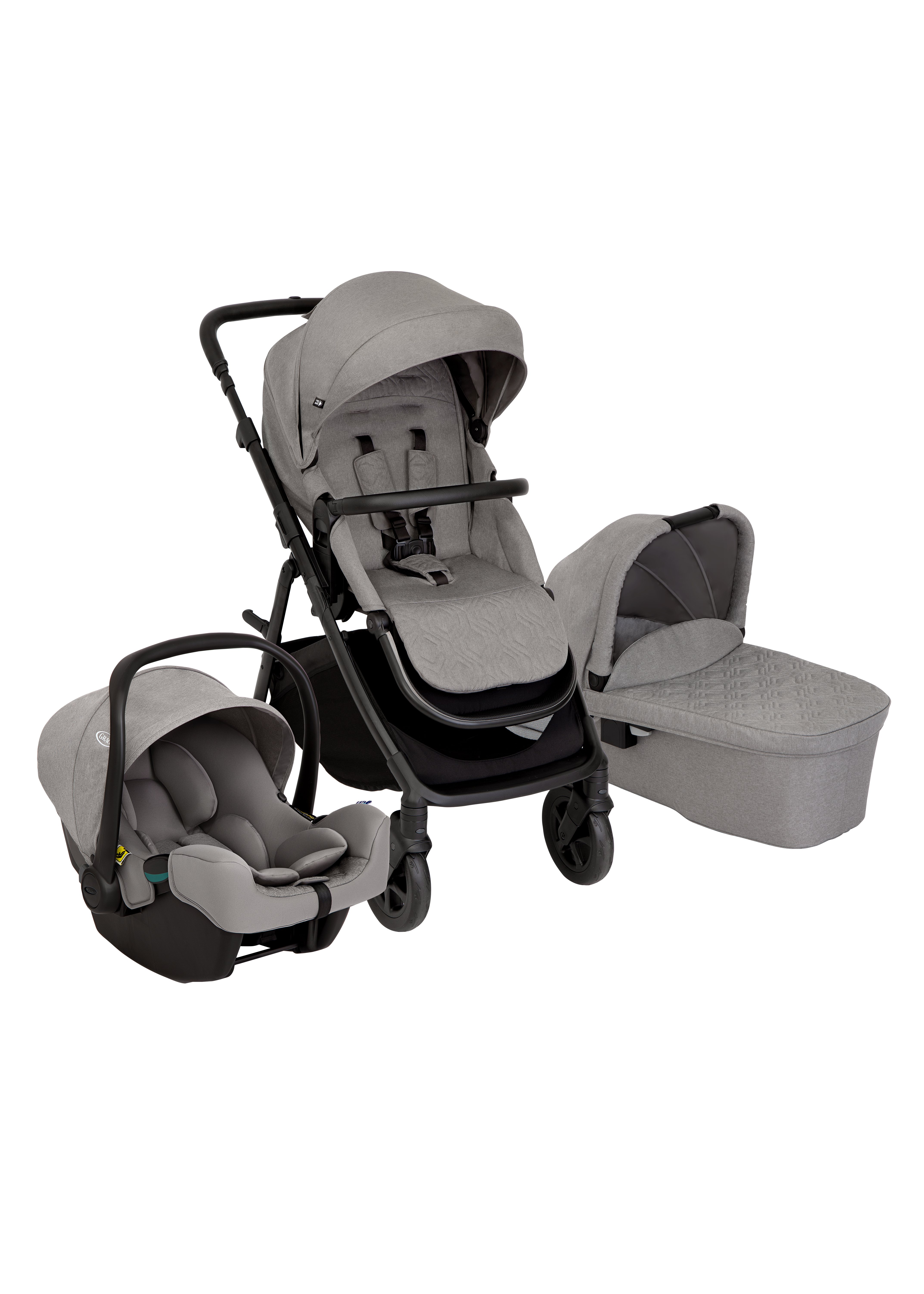 Graco Near2Me DLX 3in1 Kinderwagen-Set, inkl. Babywanne (0-9 kg) und Babyschale (40-75 cm), bis 22 kg, rückwärts, vorwärts, kompakt gefaltet, inkl. Adapter und Regenverdeck, grau, Ash