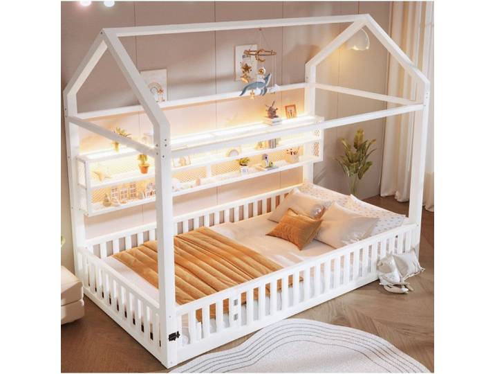 Lit Maison avec Porte et Éclairage LED - 90x200 cm Blanc Lit Enfant