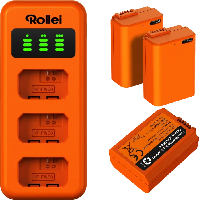 Rollei Ladegerät für 3 Akkus + 3× Akku NP-FW50