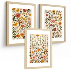 POSTER 3er-Set Wandbilder Wildblumen modern Wohnzimmer Deko, Schlafzimmer, Küche, Badezimmer Leichter Holzrahmen A3