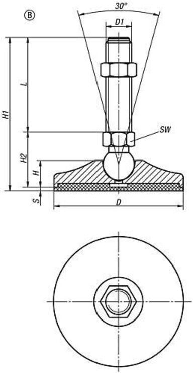 KIPP Gelenkfuß D50 M10x125 SW14 Form B Anti-Slip-Platte Stahl Gummi (K0742.105010X125)