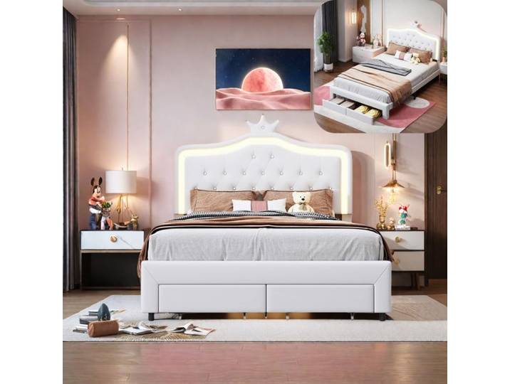 Lit de fille 140x200 cm - RAVAS - avec éclairage LED - 2 tiroirs - blanc - PU
