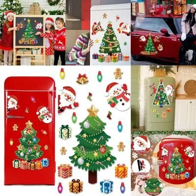 Inspired Living Magnetic Christmas Tree Fridge Decor Set Christmas Fridge Magnets With Santa & Reindeer For Refrigerator, Metal Door Magnetic Christmas Tree Fridge Decor Set Christmas Fridge Magnets With Santa & Reindeer For Refrigerator, Metal Door