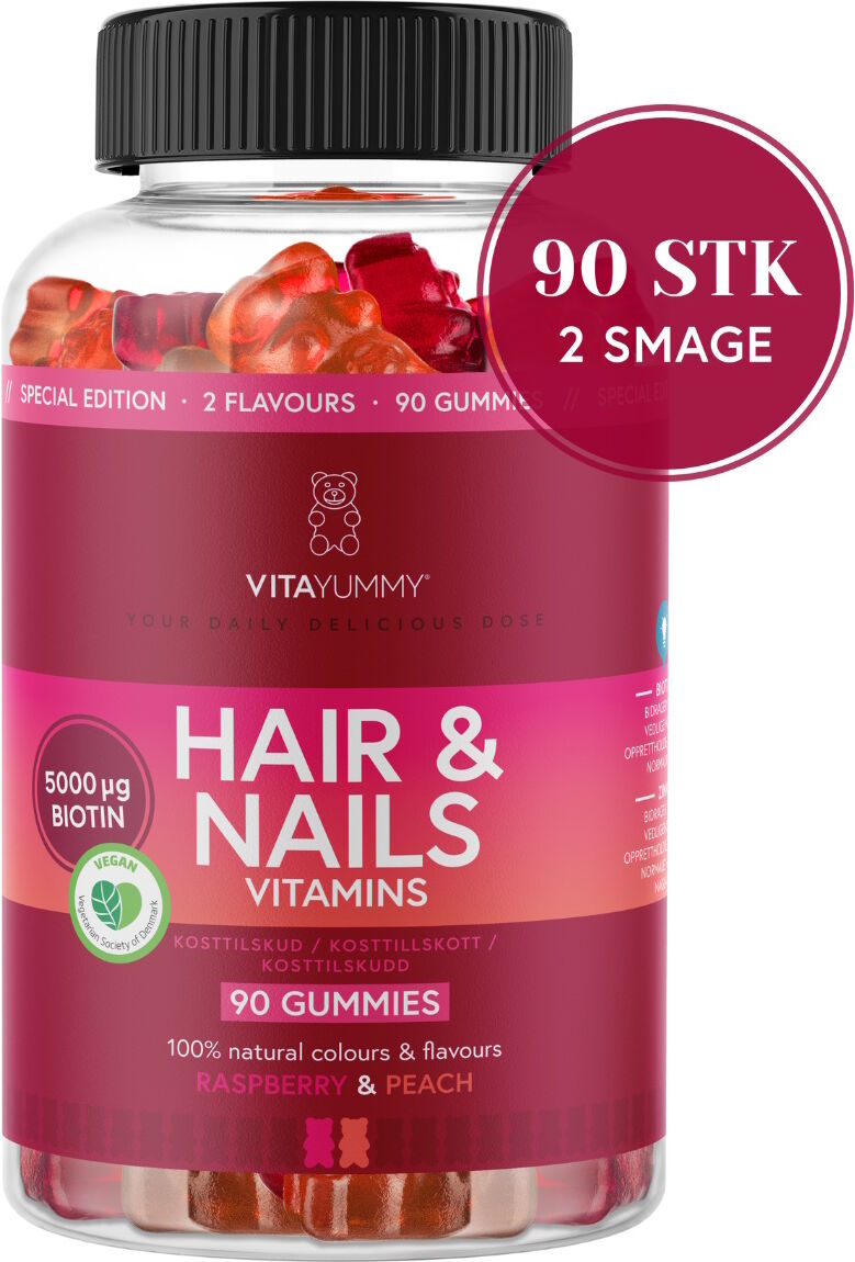 VitaYummy Hair & Nails Mixed, Raspberry & Peach Kosttilskud 90 stk