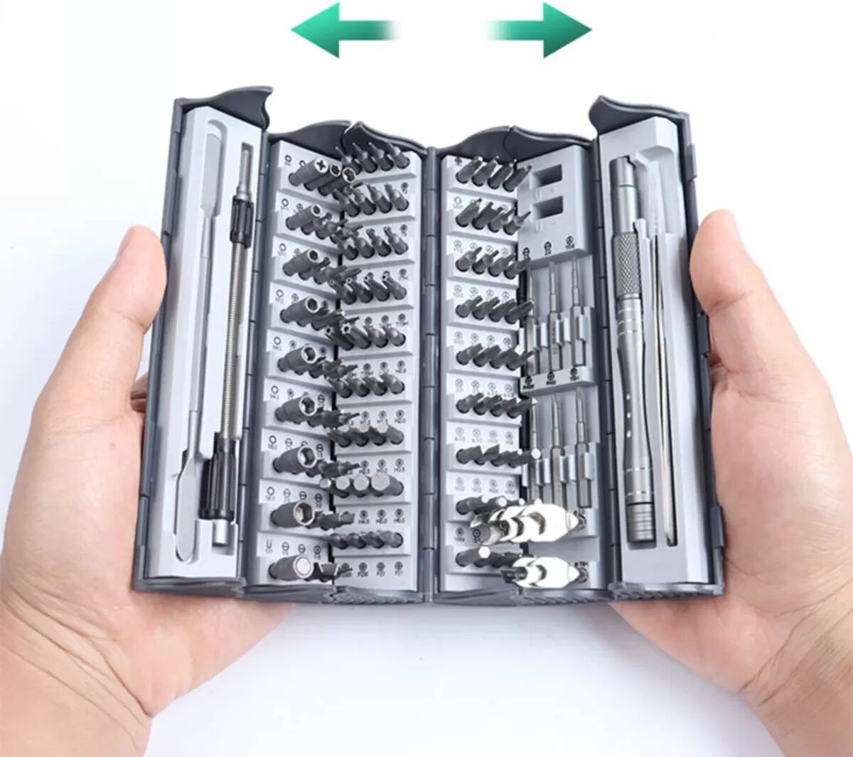 INF Coffret tournevis de précision 128-en-1 - Gris clair, embouts acier chrome-vanadium aimantés, trousse roulante pour