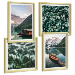 BILDER SET 4er Set - 50x50 cm & 40x60 cm Goldrahmen - Nebel auf dem Bergsee, Bootsfahrten, Nebel