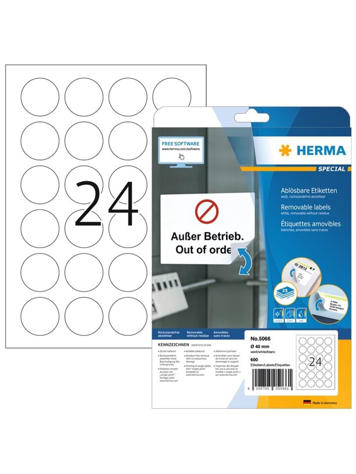 HERMA Ablösbare Etiketten A4, Ø 40 mm, rund, weiß