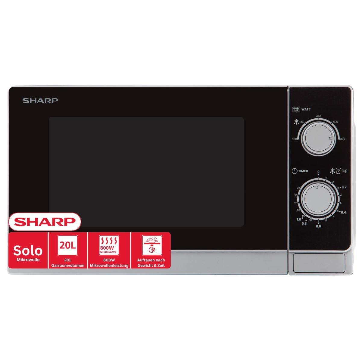 Sharp R200INW Solo-magnetron, 20 liter, 800 watt, 5 vermogensniveaus, met automatische ontdooifunctie en glazen draaitafel