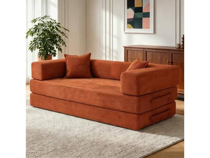 Vipbear 200cm Hochwertiges Sofa, aus Langlebig Cord mit Hochdichter Schaumstoff, 5-in-1 Vielseitig Umwandelbares ohne Knochen 3-Sitzer Schlafsofa für das Wohnzimmer, Orange