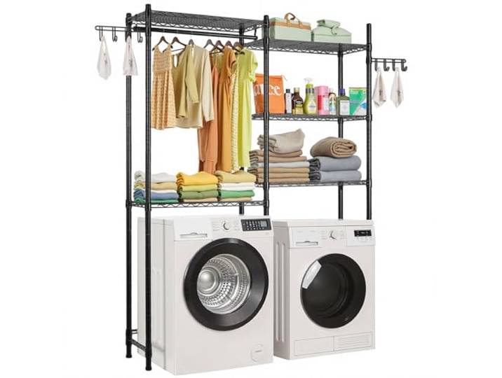 VEVOR Étagère de Rangement pour Lave-Linge et sèche-Linge à 5 Niveaux\, étendoir à Linge avec Tringle et Crochets\, étagères réglables à Deux rangées\, Gain de Place\, pour buanderie\, Salle de Bain\, Noir