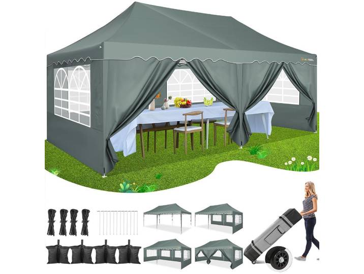 Faltpavillon 3x6m Wasserdicht UV50+ Grau mit 6 Seitenwänden & Rolltasche