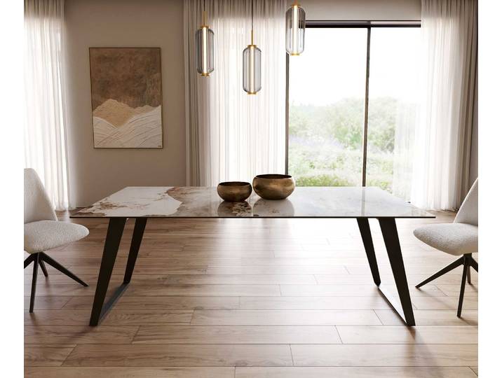 Esstisch Edge 200x100 Keramik Minas Melange Weiß-Beige Metall Schräg Schwarz, Esstische