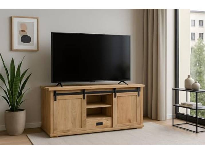 SAM TV-Board Liano IV 128x45x70 cm, Akazie Natur, Gusseiserne Elemente 6 Fächer & 1 Schubfach, 2 Schiebetüren, Lowboard/TV-Schrank Akazienholz massiv