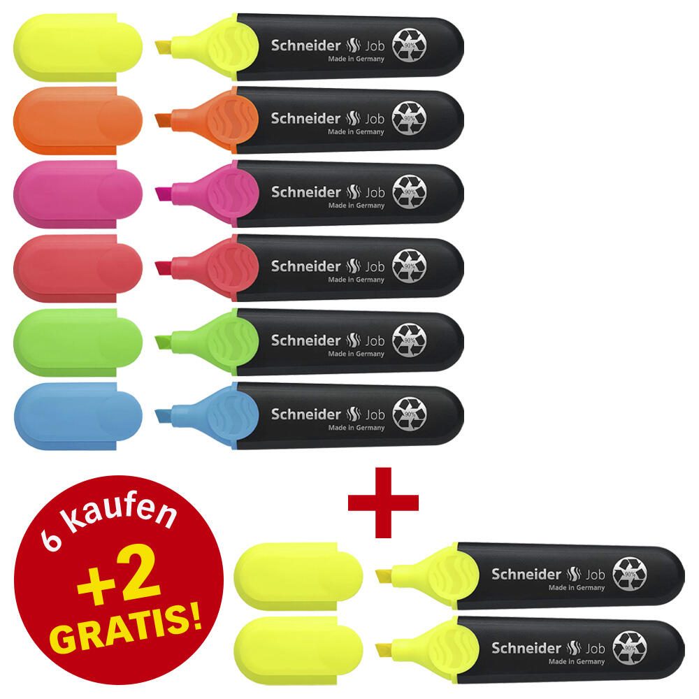 Schneider Job Textmarker Mehrfarbig, 6 St. + GRATIS 2 St. 115068