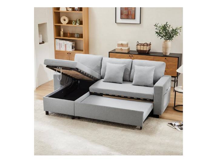 LuxusKollektion Schlafsofa Sofa Schlafsofa Stauraum Ecksofa Chaiselongue Hellgrau