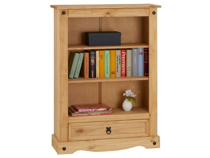 Bibliothèque SALSA étagère en bois style mexicain avec 2 tablettes et 1 tiroir en pin massif finition teintée/cirée