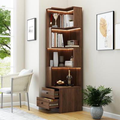 Kodotan sofa Corner Bookshelf With Drawers,4-Tier Corner Bookcase With Baffle, Freestanding L Shaped Display Shelf Stand With LED Lights