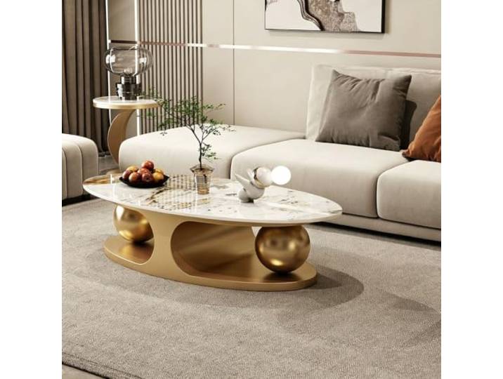 PLPLKTNNKK Couchtisch,ovaler Sofatisch mit Steinplatte und Carbonstahlrahmen,eleganter Wohnzimmertisch mit runden Metallkugeln,moderner Italienischer Stil,für Wohnzimmer und Wohnbereiche A