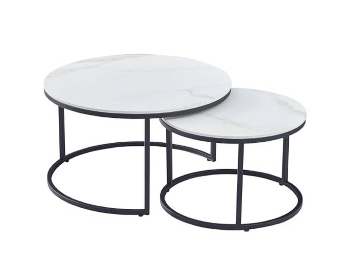 Casa Vital Couchtisch TAIANATA, Set aus 2 Satztischen, weiß und schwarz, Sinterstein, Marmormuster, Schwarze Metallbeine, Größe Ø80x41 cm und Ø60x37 cm